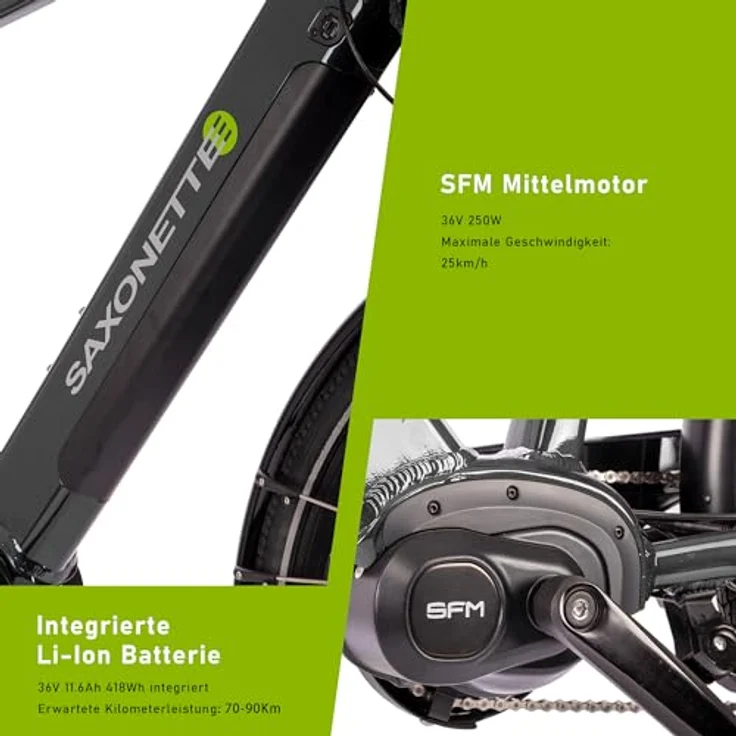 SAXONETTE E Bike Elektrofahrrad Herren mit 36V 11,4Ah 418Wh Akku, 120KM Reichweite, 9 Gäng Pedelec Herren Full Suspension, Mittelmotor 70NM, Größe 54cm – Bild 3