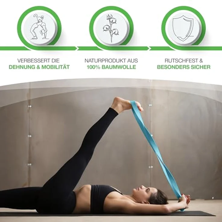 BACKLAxx® Yoga Gurt Baumwolle (hellblau) – Nachhaltiges Yoga Zubehör Set, Yogagurt 250 cm lang mit praktischem Verschluss aus Metall, Yoga Set ideal für Yoga, Pilates und Dehnen inkl. Anwendungsvideos – Bild 2