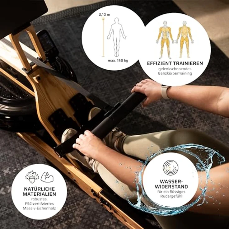 SportPlus Wasser-Rudergerät klappbar für zuhause aus Natur-Massivholz (Eiche), Holz-Rudergerät mit Trainingscomputer, Rudermaschine mit Tablethalterung für Ausdauertraining, Rowing Machine – Bild 5