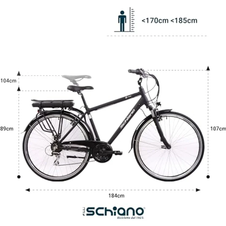 F.lli Schiano E-Ride, E-Bike Trekking 28 Zoll, 250W Motor, 36V 10.4Ah abnehmbarer Akku, Herren, Schwarz – Bild 3