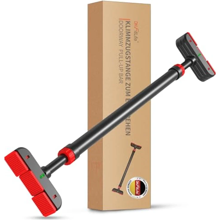 DH FitLife Klimmzugstange Türrahmen ohne Schrauben | Pull up bar Doorway zum Eindrehen | Türreck für Krafttraining | Reckstange für Tür 72-92cm | Mit Wasserwaage – Bild 1
