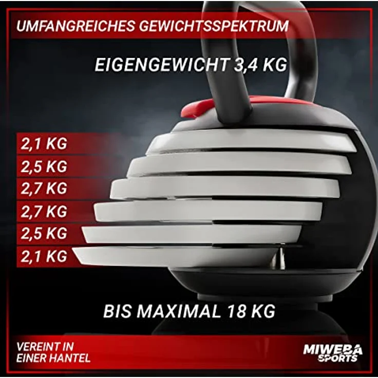 Miweba Sports Kettlebell verstellbar KB-300 | 3,5-18 kg Gewichte - Kugelhantel - Einstellbares Kugelgewicht - Schwunghantel - Kettlebells - Hanteln - Hantel für Indoor & Outdoor (Hellgrau) – Bild 3