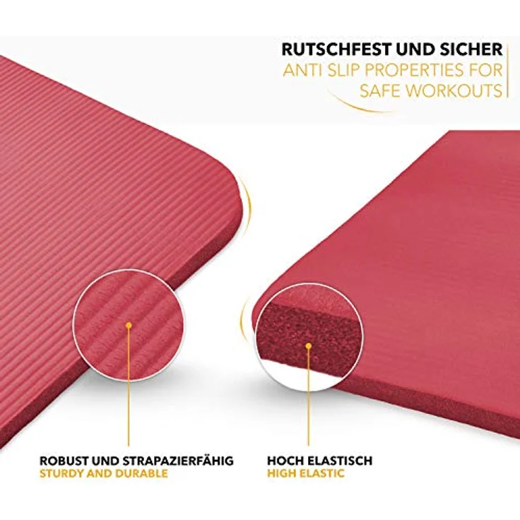 TRESKO Yogamatte, Phthalatfrei, rutschfest, Gymnastikmatte mit Tragegurt, 185x60 cm, Rot, 1,5 cm dick – Bild 4