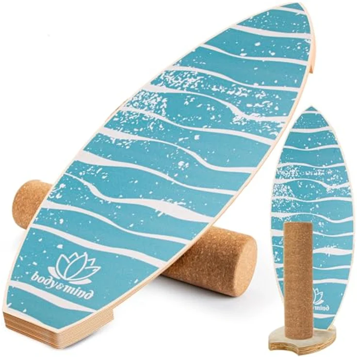 Body & Mind Balance-Board Surfbrett, Wackelbrett für Physiotherapie und Surf-Training, inklusive Korkrolle und gratis E-BOOK (Light Waves) - ideal für Gleichgewicht und Koordination, aus hochwertigem Holz, 78x30 cm – Bild 1