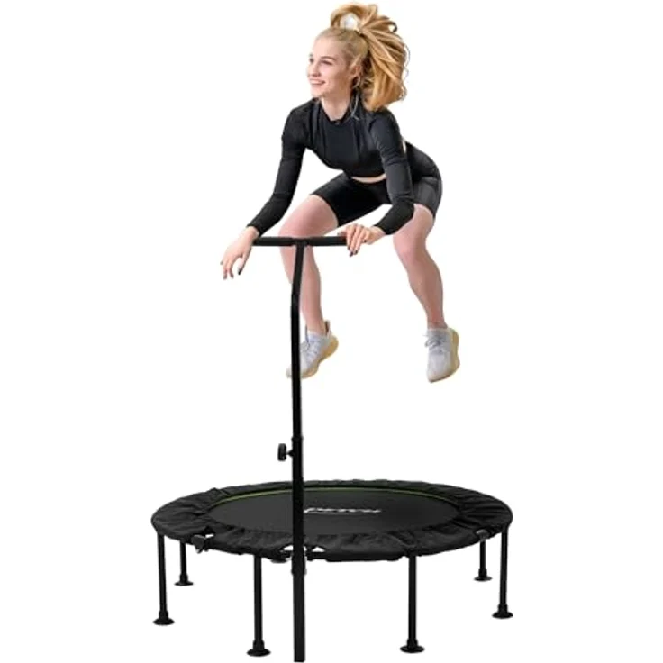 Hauki Fitness Trampolin Indoor, faltbar Ø122 cm, leise Rückprall, höhenverstellbarer Haltegriff, für Erwachsene, robust und gelenkschonend, grün – Bild 1