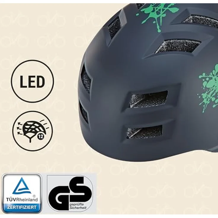 Prophete Erwachsenenhelm HARTSCHALE, schwarz matt mit grünem Muster, 58-61cm, LED, 400g – Bild 2