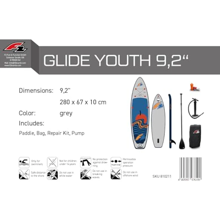 F2 Glide Surf Youth Wing, Inflatable SUP Board 280 cm, grau, für Wing-/Windsurfen und Stand Up Paddling – Bild 6