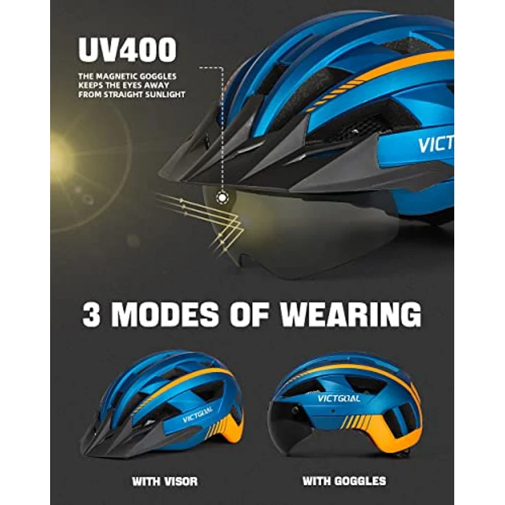 Victgoal VICTGOAL Fahrradhelm MTB, verstellbarer Helm mit abnehmbarer magnetischer Schutzbrille, atmungsaktiv und 21 Belüftungsöffnungen, Größe L (57-61 cm), blau – Bild 2