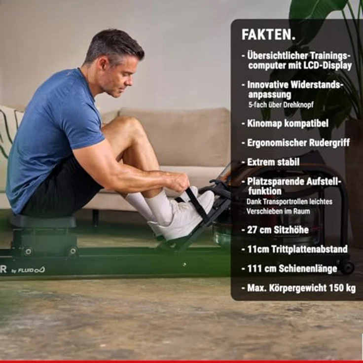 HAMMER Aquon Water Flow PRO, klappbares Wasser Rudergerät mit 5 Widerstandsstufen, Kinomap-kompatibel und edler Holzästhetik – Bild 2