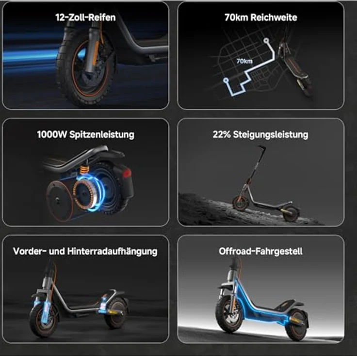 XIAOMI Electric Scooter 6 Pro E-Scooter, 12 Zoll Offroad-Reifen, 70 km Reichweite, 1000W, Vollfederung, App, Schwarz – Bild 2