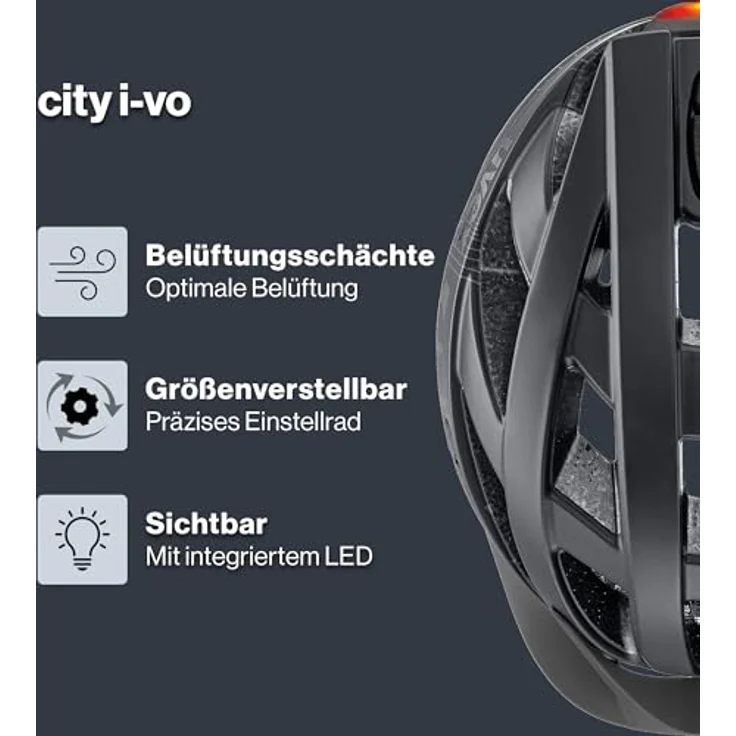Uvex City I-VO, Fahrradhelm komplett schwarz matt, Größe 56-60 cm, mit schock-absorbierender EPS-Innenschale und integrierter LED-Leuchte – Bild 2