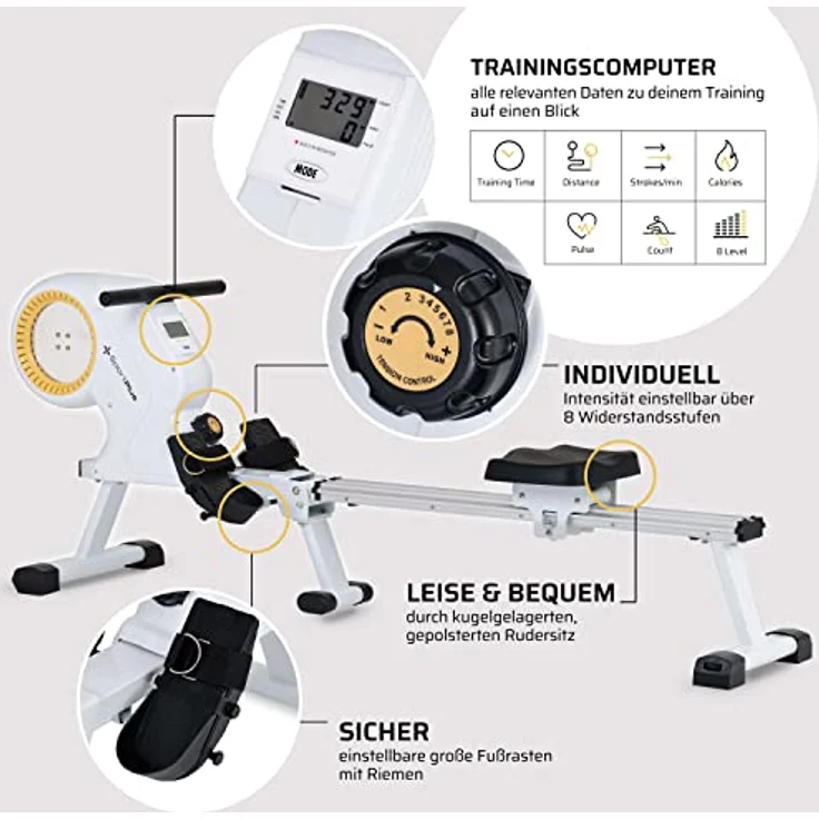 SportPlus | Rudergerät für zuhause mit 8 Stufen, leises & wartungsfreies Magnetbremssystem, Rudermaschine mit kompakten Display, bis 150 kg – Bild 4