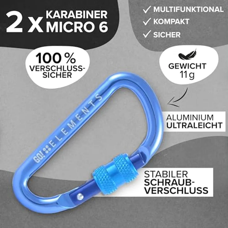 GO!elements Mini Karabiner Micro 6, 2er Pack mit Schraubverschluss, ultraleicht und salzwasserbeständig, Farbe: Wave – Bild 3