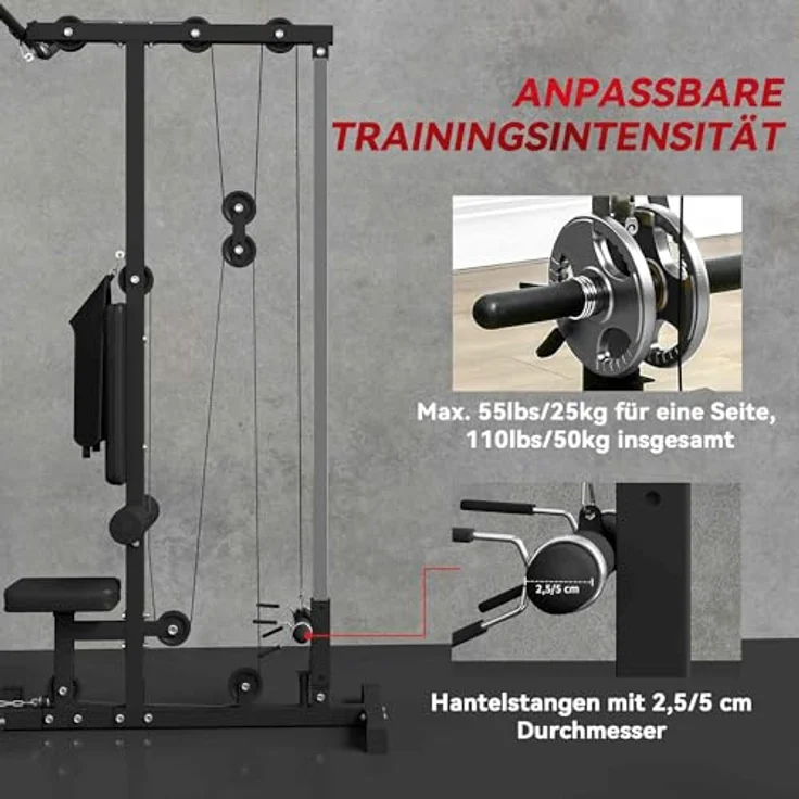 SPORTNOW Multifunktionale Kraftstation für Zuhause, Latzugturm mit Ruderzügen und Trizepsstange, bis 50 kg verstellbarer Widerstand, 140x108x197 cm, schwarz – Bild 4