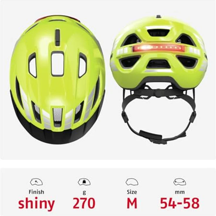 ABUS Urban-I 4.0, Fahrradhelm mit aufladbarem Rücklicht, 2 Leuchtmodi, Zopf-Öffnung, Schirm, Größe M, gelb – Bild 3