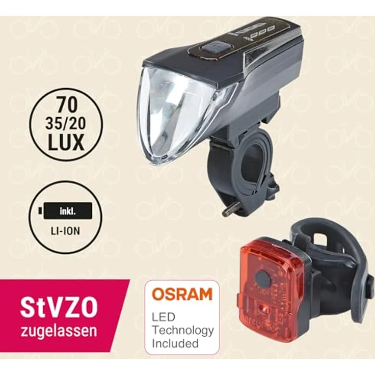 Prophete LED Akku-Beleuchtungs-Set, Fahrradbeleuchtung mit 70/35/20 Lux – Bild 2