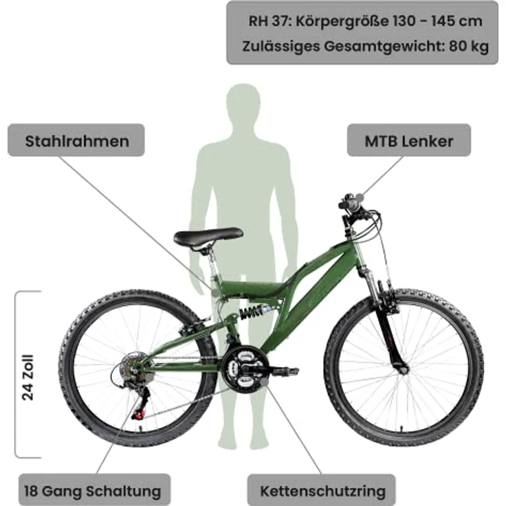 Galano FS180 Jugendfahrrad 24 Zoll Mountainbike 130 - 145 cm 21 Gänge Mädchen Jungen Fahrrad ab 8 Jahre MTB Fully Jugendrad V-Brakes 37 cm, khaki – Bild 3