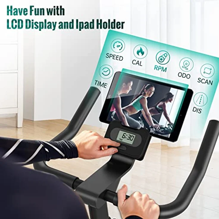 PASYOU Heimtrainer Fahrrad mit Magnetischer Widerstand, Fitnessbike Riemenantrieb, LCD Monitor mit RPM, IPad-Halterung Hometrainer 150 kg Belastbar – Bild 4