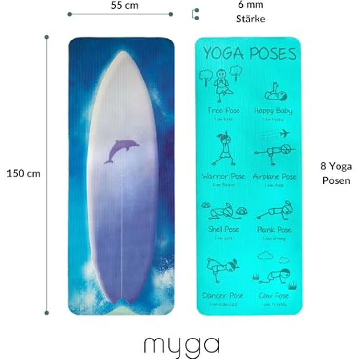 Myga Kinder Yogamatte Surfer, rutschfest & leicht, 6 mm dick, 150 cm x 55 cm, inkl. Yoga-Posen auf Rückseite, ideal für Yoga & Spielen – Bild 5
