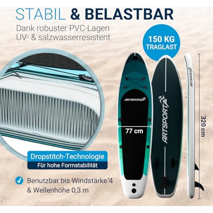 ARTSPORT® Stand Up Paddling Board Set Blue Wave, aufblasbar 320 cm, inkl. Kajaksitz, Action-Cam Halterung & umfangreichem Zubehör, Tragkraft 150 kg – Bild 3