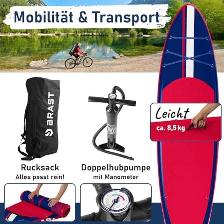 BRAST SUP Board Shark, Aufblasbares Stand up Paddle Set 320x81x15cm, 2in1 Paddel mit Kajak-Sitz, 5 Jahre Garantie, inkl. Zubehör und Action-Cam-Halterung, 8 Designs – Bild 4