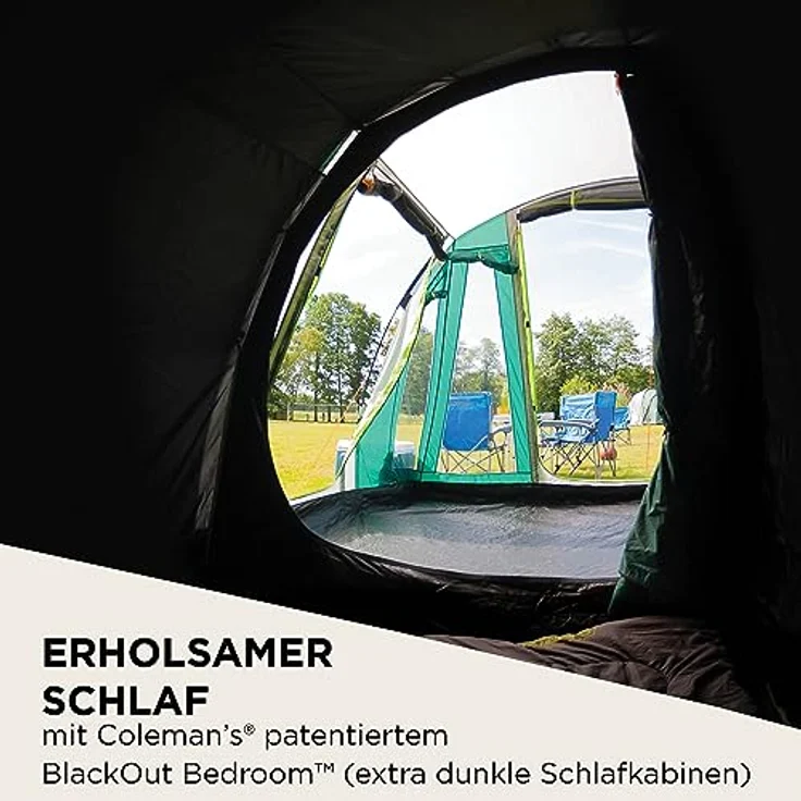 Coleman Rocky Mountain 5 Blackout Zelt | 5 Personen Familien-Tunnelzelt mit 2 speziell abgedunkelten Schlafkabinen und Wohnbereich | 5 Mann Campingzelt | 4500 mm wasserdicht | Eingenähte Bodenplane – Bild 4
