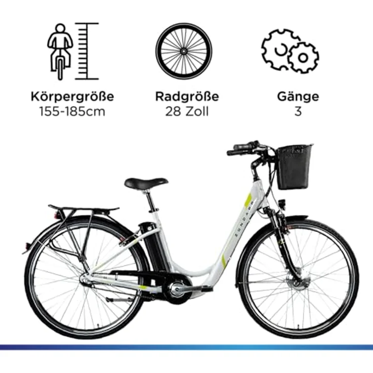 ZÜNDAPP E Damenrad 700c E-Bike Pedelec Z510 Citybike Elektrofahrrad 28" (weiß/grün, 48 cm) - Damen E-Bike mit 3 Gang Nabenschaltung, starkem Vorderradmotor und 115 km Reichweite – Bild 3