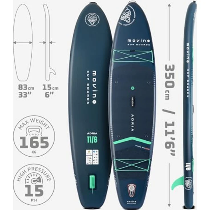 Movino Stand Up Paddle Board Adria 11'6", 2in1 SUP Kajak Aufblasbar, Tragkraft bis 165 kg, inkl. Zubehör Paddel, Welded Rail, 15 PSI, Allround 350x83x15 cm – Bild 4