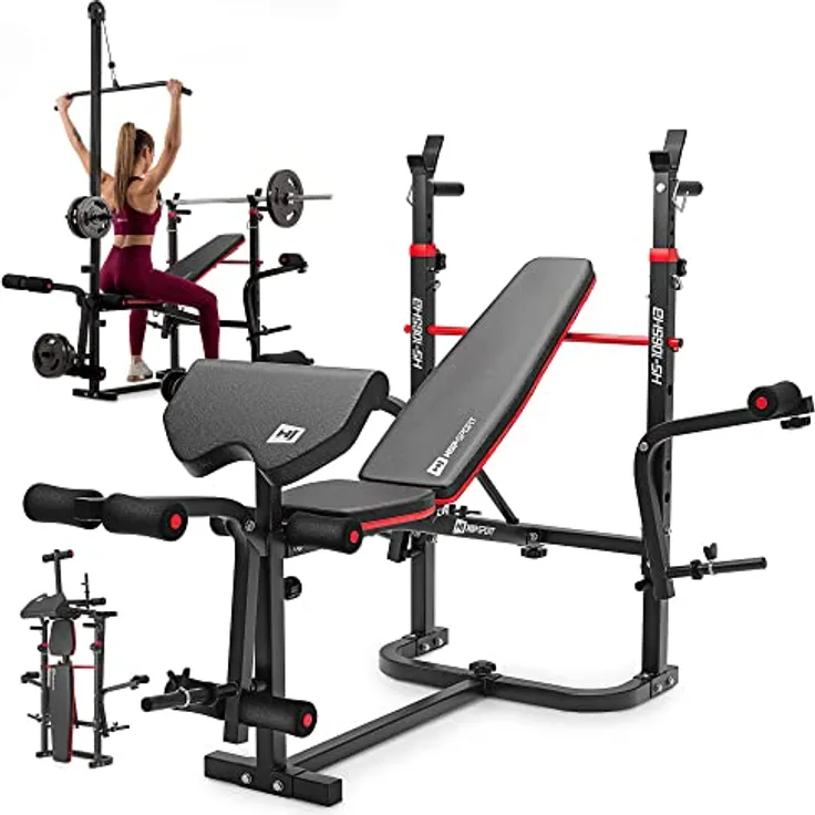 Hop-Sport klappbare Hantelbank HS-1065 mit Latzug, Langhantel-Ablage, Curlpult und Butterfly - verstellbare Trainingsbank für Bankdrücken
