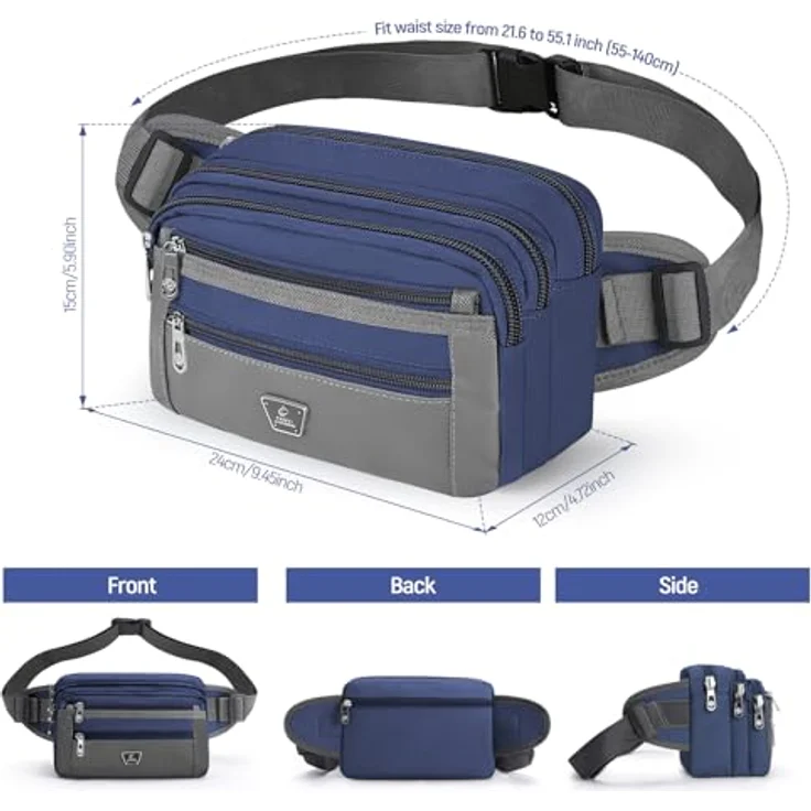 Xoolkly Bauchtasche für Herren und Damen, Gürteltasche mit 7 Reißverschlusstaschen, verstellbarer Hüftgurt, blau – Bild 4
