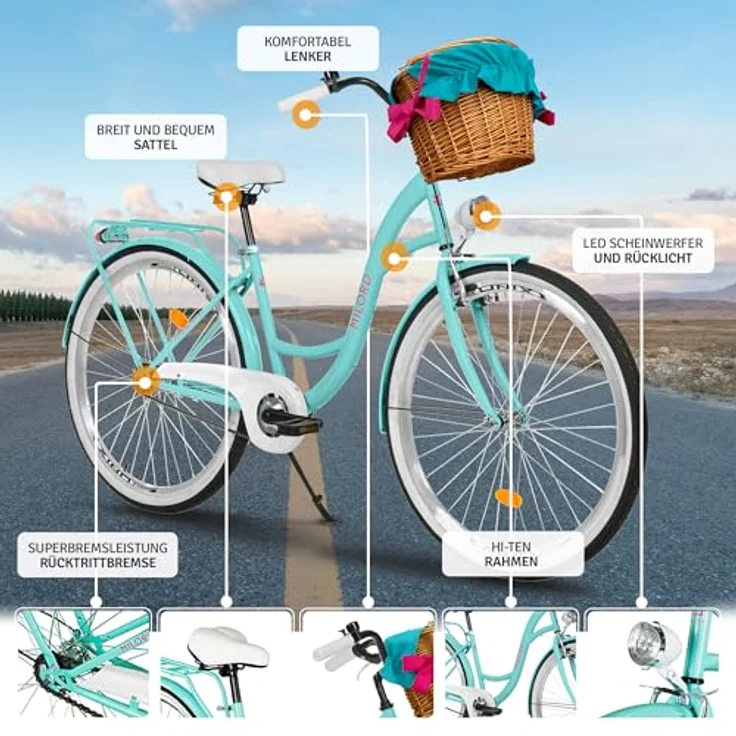 Milordbikes City-Fahrrad, Blau, Metall, 46 cm, leicht rollende 700C Reifen, mit hinterem Träger – Bild 2