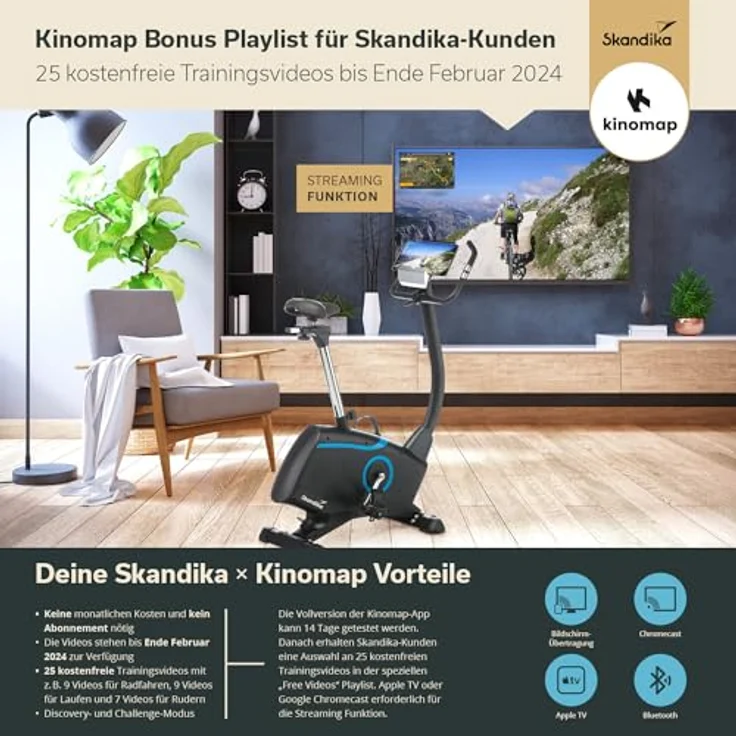 Skandika Ergometer Fahrrad Atlantis | Heimtrainer mit App Steuerung (Kinomap, iConsole), Bluetooth, 10kg Schwungmasse, Puls und Körperfettmessung, 32 Stufen, geräuscharm, Transportrollen | bis 150kg – Bild 4