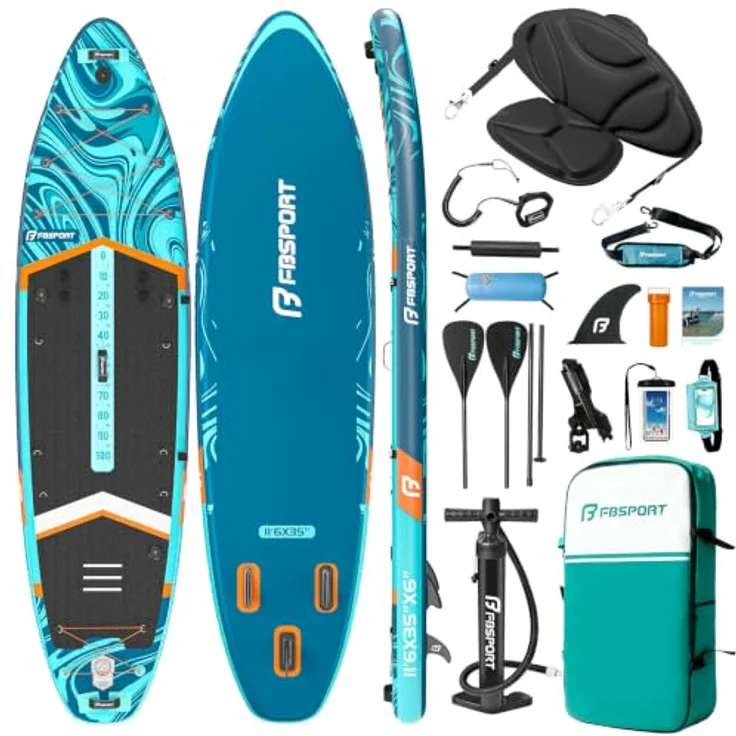 FBSPORT Aufblasbares SUP Board, Stand Up Paddling Board, 15CM dick, inkl. verstellbarem Aluminium SUP Paddel und Pumpe, Blau Orange – Bild 1