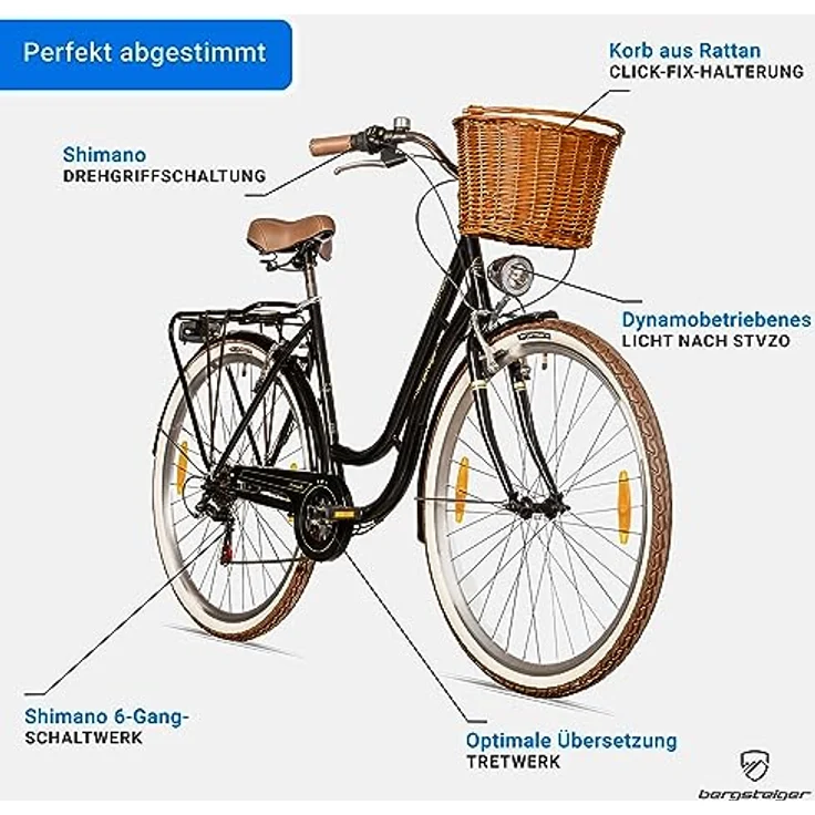 Bergsteiger Marseille 28 Zoll Damenfahrrad in Retro-Design, 6 Gang Shimano Tourney Schaltung, Rattan-Korb, Fahrrad-Licht, Damen-Citybike (Rot) – Bild 5