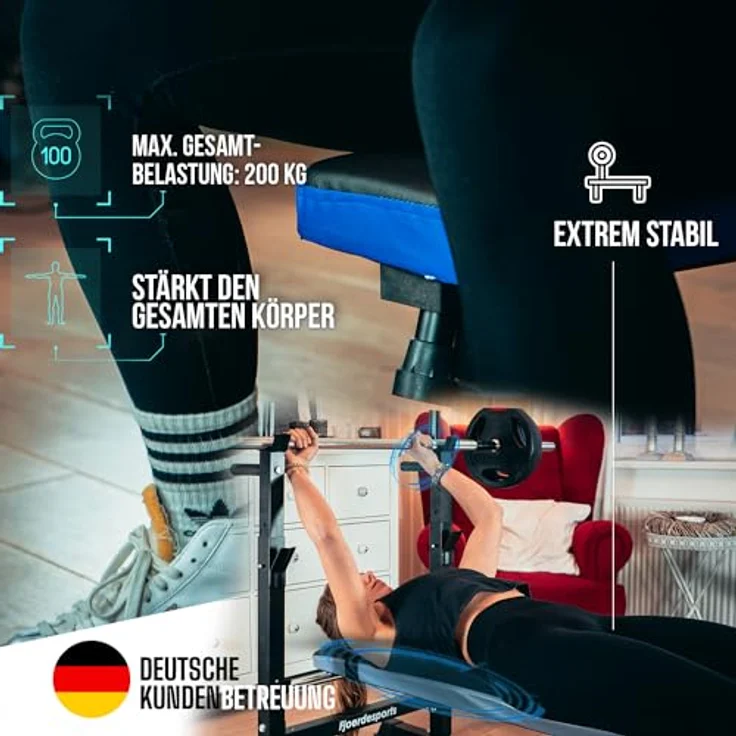 Fjoerdesports Hantelbank mit Ablage, Verstellbare Höhe & Klappbar, Dip-Station, Schwerlast Gewichtheben - Schwarz – Bild 3