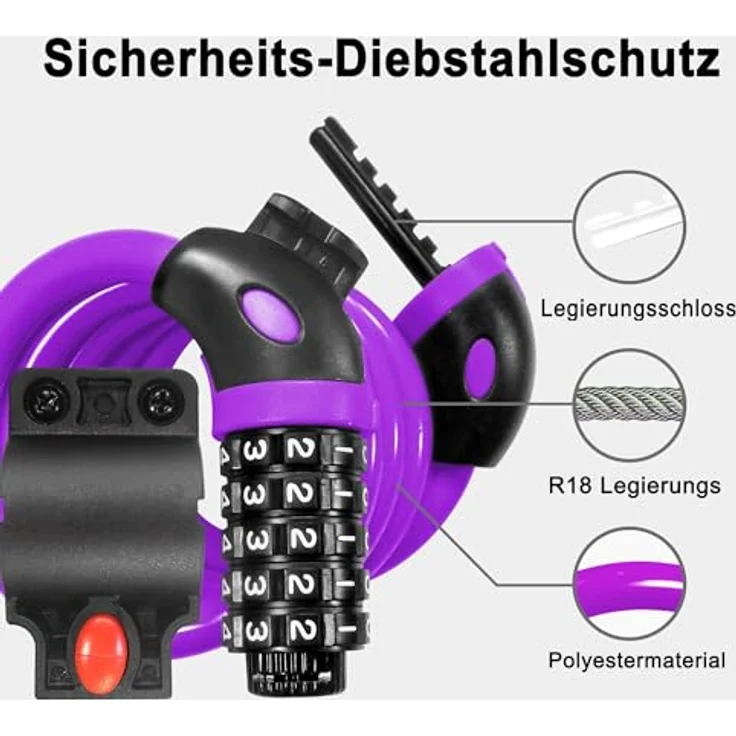 REHKITTZ Fahrradschloss 120cm/12mm Kabelschloss, sehr hohe Sicherheitsstufe mit 5-stelligem Zahlencode und Befestigungsbügel, violett – Bild 5