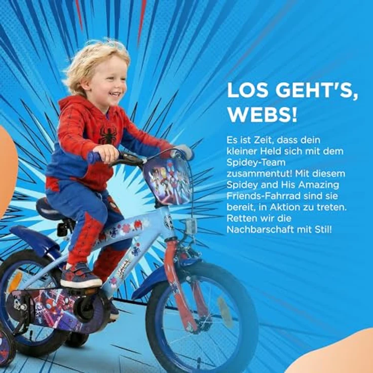 Volare Spidey Kinderfahrrad, 16 Zoll, blau, mit Hand- und Rücktrittbremse, höhenverstellbar, abnehmbare Stützräder – Bild 2