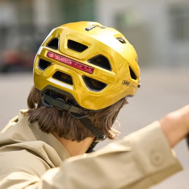 ABUS Stadthelm Urban-I 4.0, Fahrradhelm mit aufladbarem Rücklicht, 2 Leuchtmodi, Schirm, Zopf-Öffnung, magnetischem Verschluss, Größe L, gelb – Bild 9