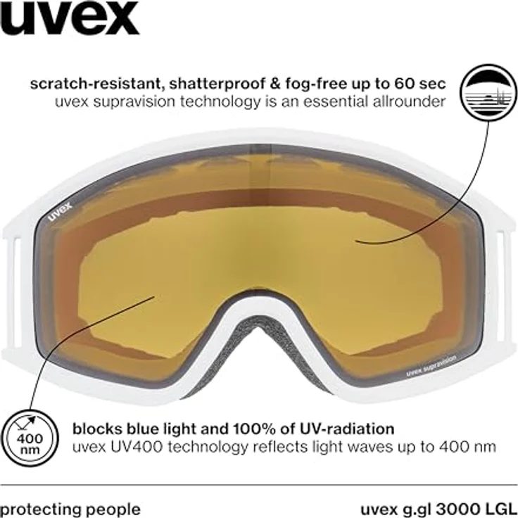 Uvex g.gl 3000 LGL, Skibrille für Damen und Herren, beschlagfrei, vergrößertes Sichtfeld, white matt/lasergold lite-blue, one size – Bild 3
