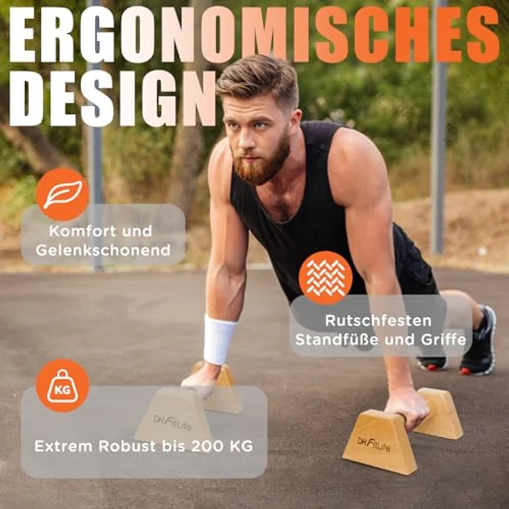 DH FitLife Liegestützgriffe aus Holz - 2x gelenksschonende & rutschfeste Handstand-Griffe | Parallettes | Dip Barren | Push-Up Bars | Calisthenics Equipment für Strength Training | Indoor & Outdoor, Buchenholz, belastbar bis 200 kg – Bild 3