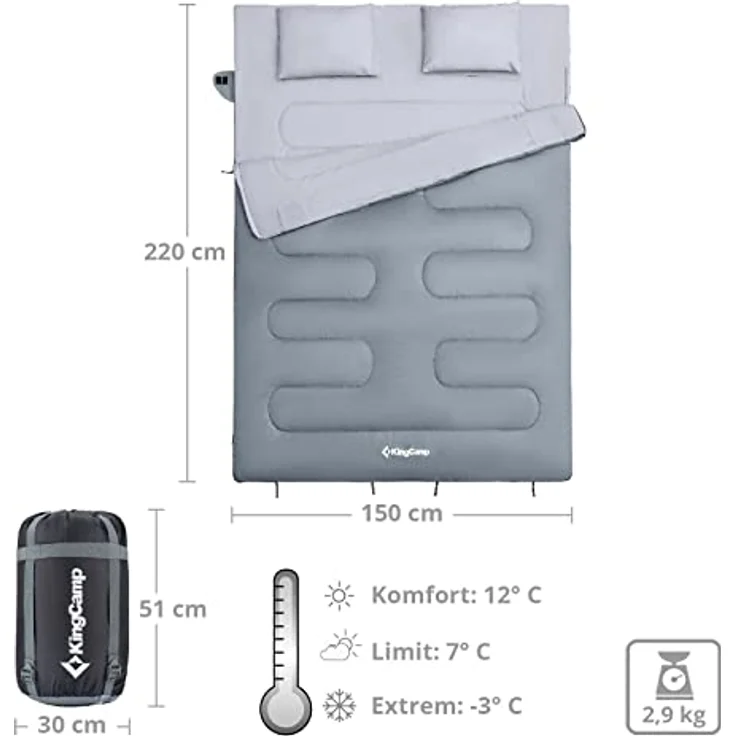 KingCamp Deckenschlafsack Oxygen 250 D, Doppel-Schlafsack für 2 Personen, XL, -3°C, mit Kissen und Innentasche, Medium Grey – Bild 2