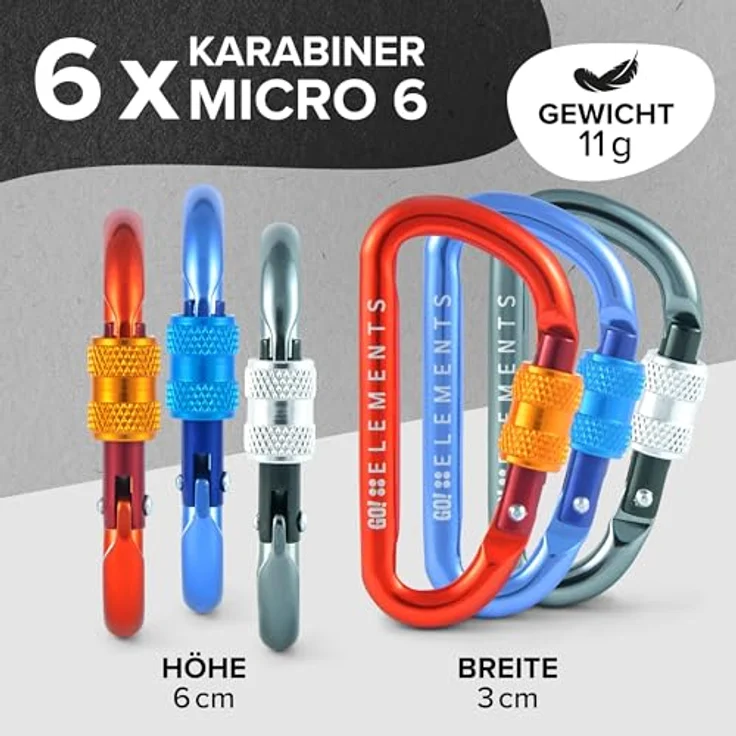 GO!elements Mini Karabiner Micro 6, multifunktional mit Schraubverschluss, 2er Pack, Farbe: Multi, ultraleicht und salzwasserbeständig – Bild 2