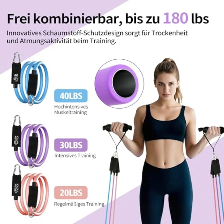 Fokky Pilates Bar Set mit 6 Resistance Bands (20/30/40lbs), verstellbare Edelstahlstange und Türanker für ganzheitliches Training zuhause – Bild 2
