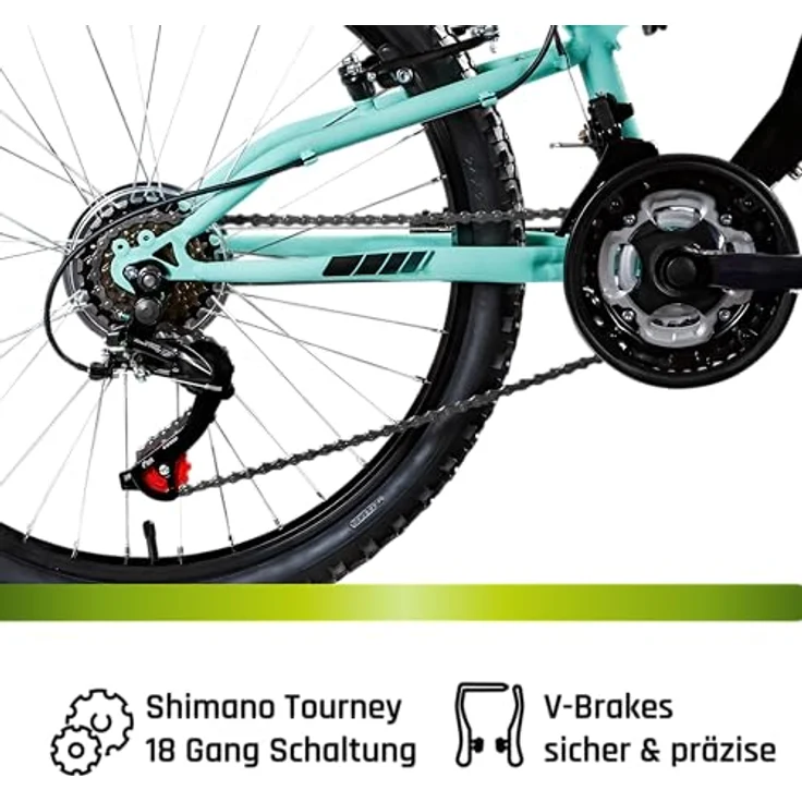 Galano Mountainbike FS240, 18 Gang Shimano Tourney, vollgefedert, 24 Zoll, schwarz/türkis, geeignet für Kinder 130-145 cm – Bild 5