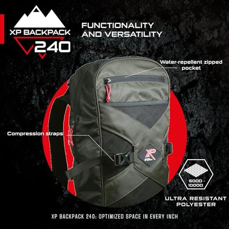 XP Metal Detectors Rucksack 240, leichter und robuster Wanderrucksack für Metalldetektoren, 31 Liter, grün mit geometrischem Muster, ergonomisch und praktisch mit über 8 Taschen und Fächern – Bild 3