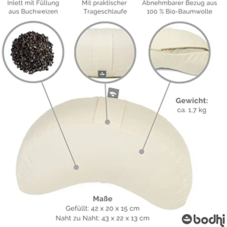 Bodhi | Meditationskissen halbmond - 100% Bio-Baumwolle | Yogi MOND ECO | Yogakissen halbmondförmig mit Buchweizenfüllung | Halbmondkissen für Yoga & Meditation – Natur – Bild 3