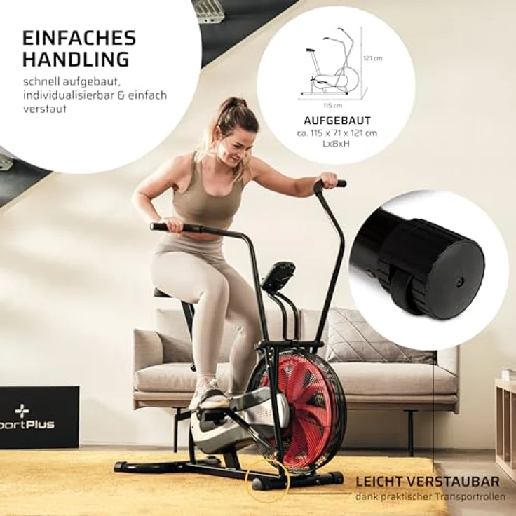 SportPlus Air Bike mit Luftwiderstand und Riemenbremssystem - effizienter HIIT Heimtrainer für Arme und Beine, mit Trainingscomputer, sicher & stabil bis 100kg, kompakte Maße, SP-FB-1000 – Bild 4