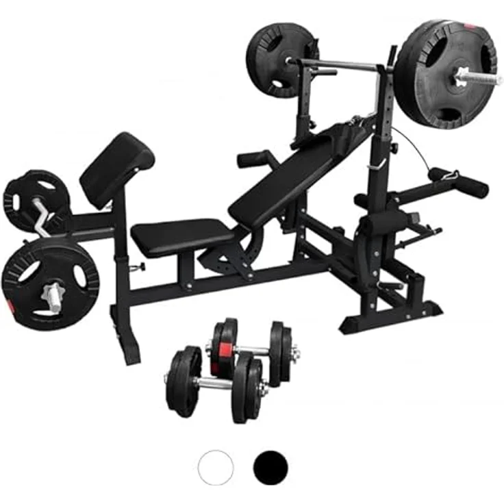 GORILLA SPORTS® Hantelbank - inkl. 100kg Hantelset, Ablage, Dip-Station, Curlpult, Beincurler, Butterfly, Latzug, Verstellbar, Schwarz/Weiß - Multifunktion Trainingsbank mit Gewichten, Kraftstation – Bild 4
