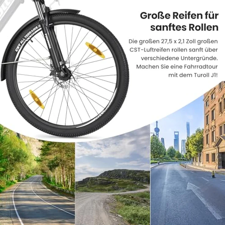 Touroll J1 ST E-Bike, 250 W Motor, 561,6 Wh Akku, Reichweite bis 100 km, 27,5", Shimano 7-Gang, 80 mm Lockout-Federung, StVZO – Bild 6