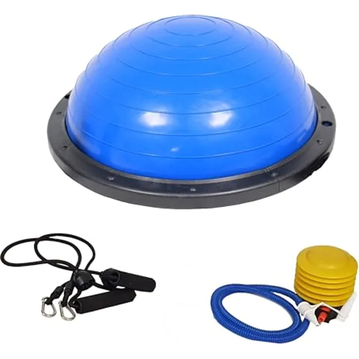 TRUTZHOLM Balancetrainer Yoga Half Ball mit Widerstandsbändern, ø 60cm, blau, max. 158kg belastbar, rutschfest und umkehrbar